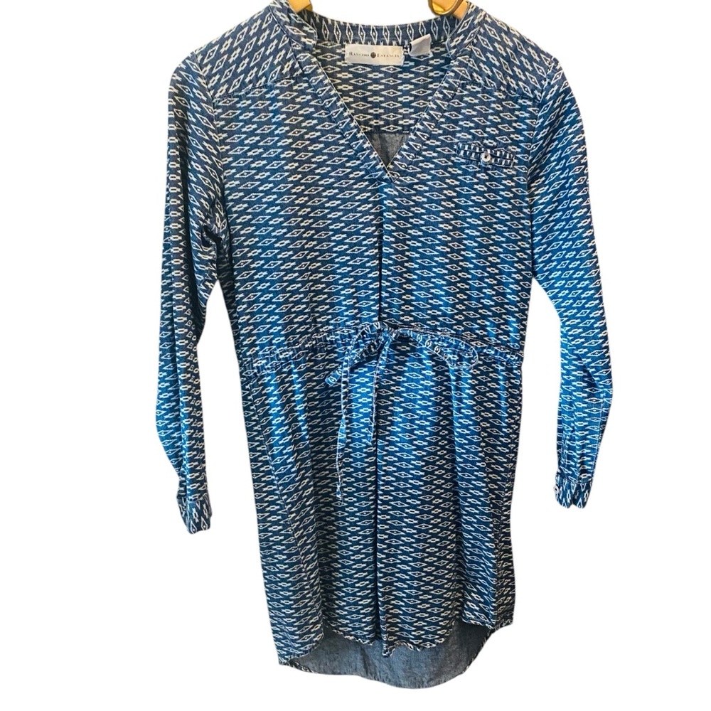 RANCHO ESTANCIA Western Blue Printed Tie Waist Dress